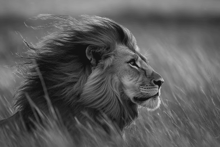 Black-and-white portrait of a male lion